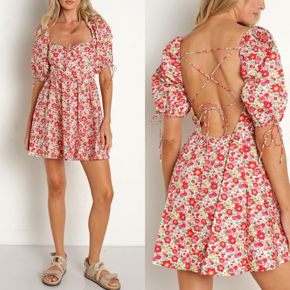 NWT For Love‎ & Lemons Floral Auden Puff Sleeve Floral Mini Dress in Pink - L